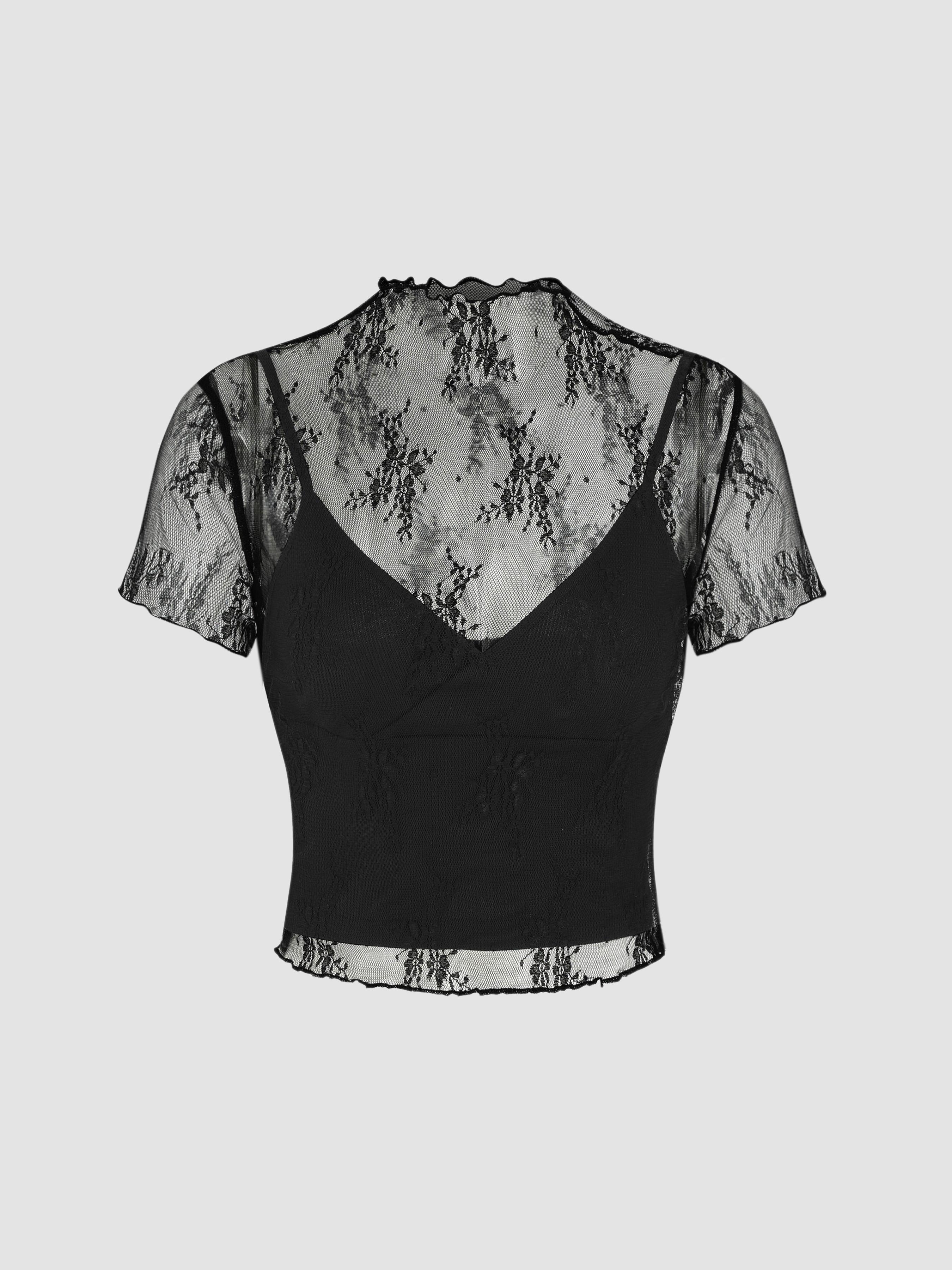 High Neck Lace Floral Top & Solid Crop Cami Top Set Product Image