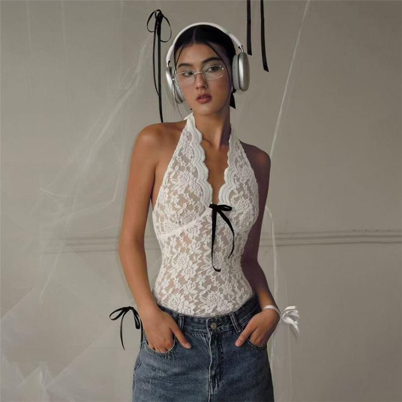 Halter V Neck Lace Bow Accent Slim-Fit Crop Tank Top / Low Rise Lace See-Through Asymmetric-Hem Mini Skirt Product Image