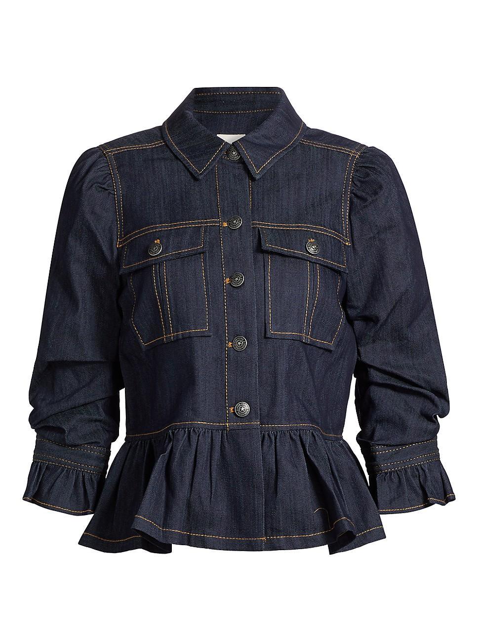 Delanie Scrunched-Sleeve Peplum Denim Jacket product image