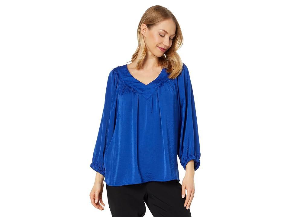 Vince Camuto Wide V-Neck Blouse with Shirring (Twilight Blue) Women's Clothing Product Image