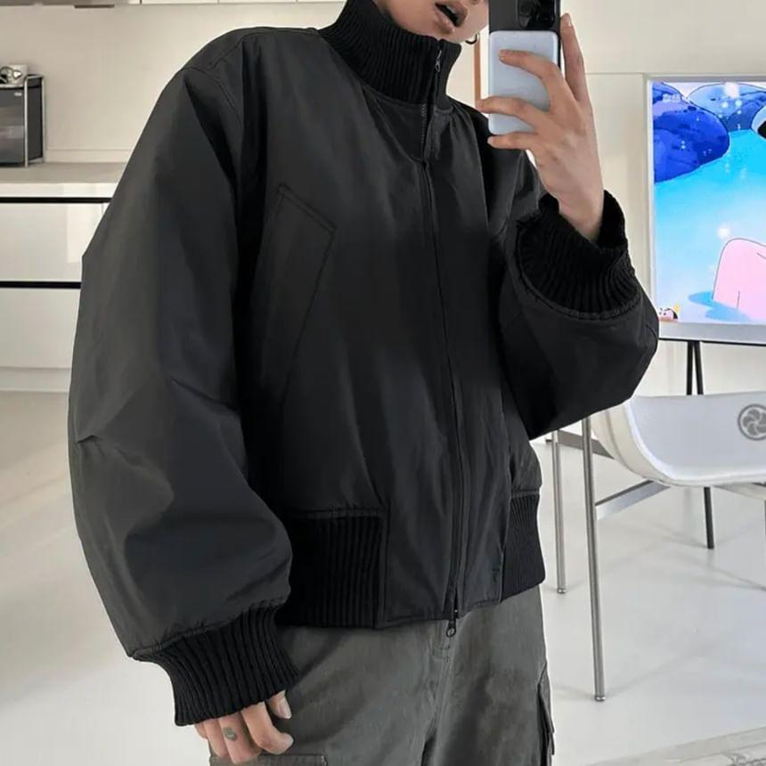 High Neck Plain Zip-Up Bomber Jacket Product Image