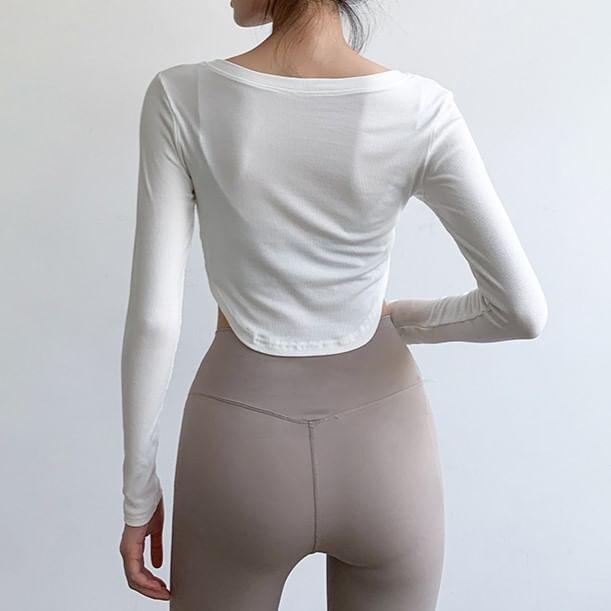 Long-Sleeve V-Neck Plain Crop Sports Top Product Image