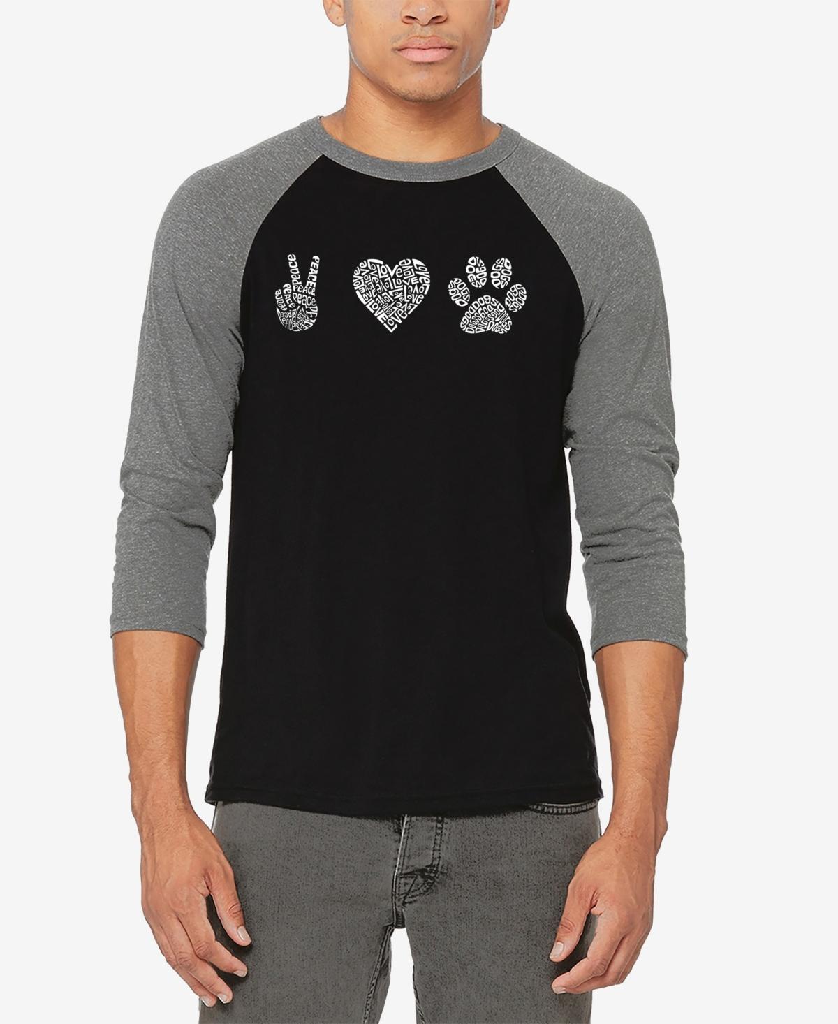 La Pop Art Mens Raglan Baseball 3/4 Sleeve Peace Love Dogs Word Art T-shirt - Gray Product Image