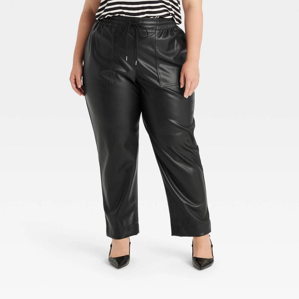 Womens High-Rise Faux Leather Tapered Ankle Pull-On Pants - A New Day Black XXL product image