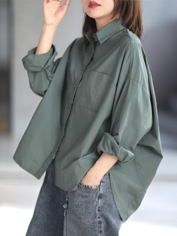 High-Low Long Sleeves Solid Color Lapel Blouses&Shirts Tops Product Image