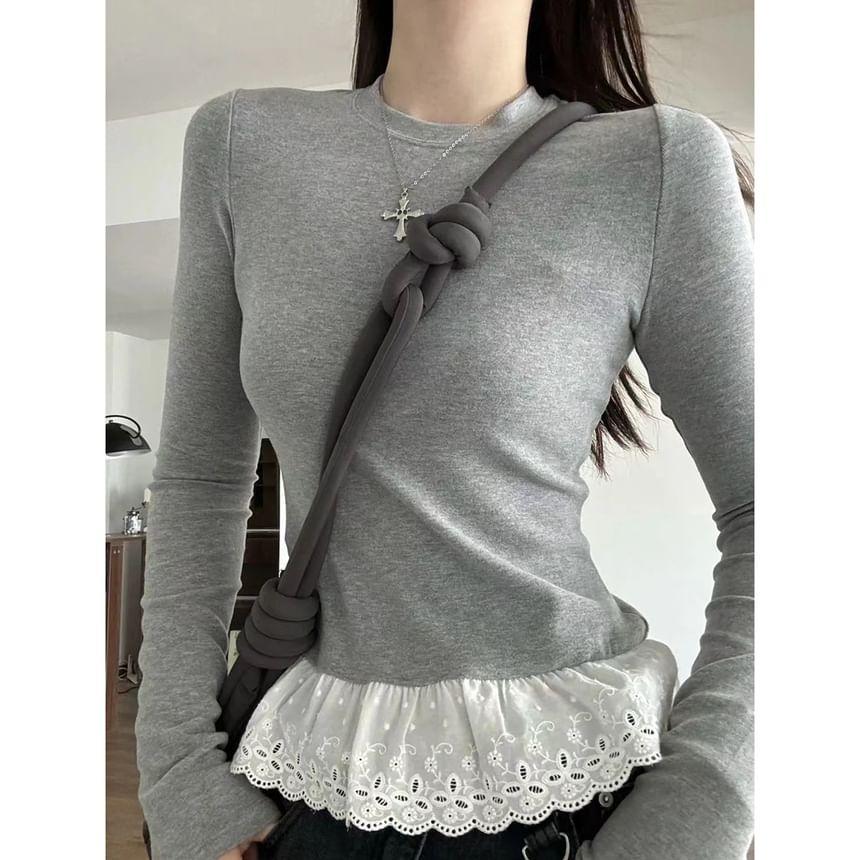 Mock Two-Piece Long-Sleeve Crew Neck Lace Panel Slim Fit T-Shirt Product Image