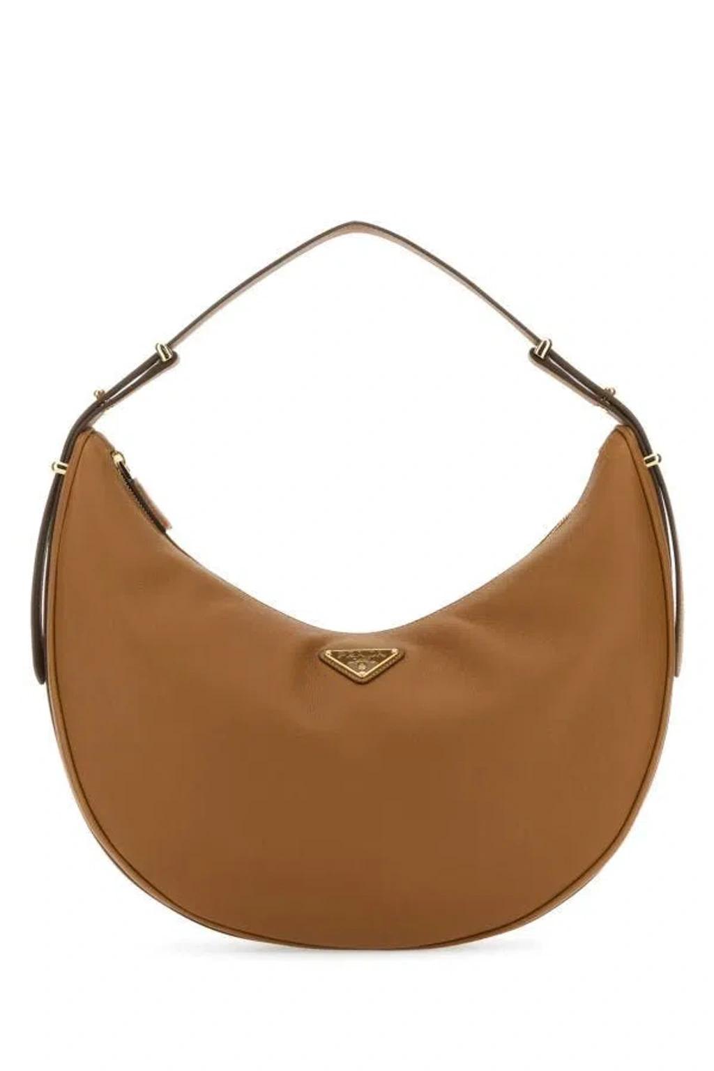 PRADA Large Arqué Leather Hobo Bag In Brown Product Image