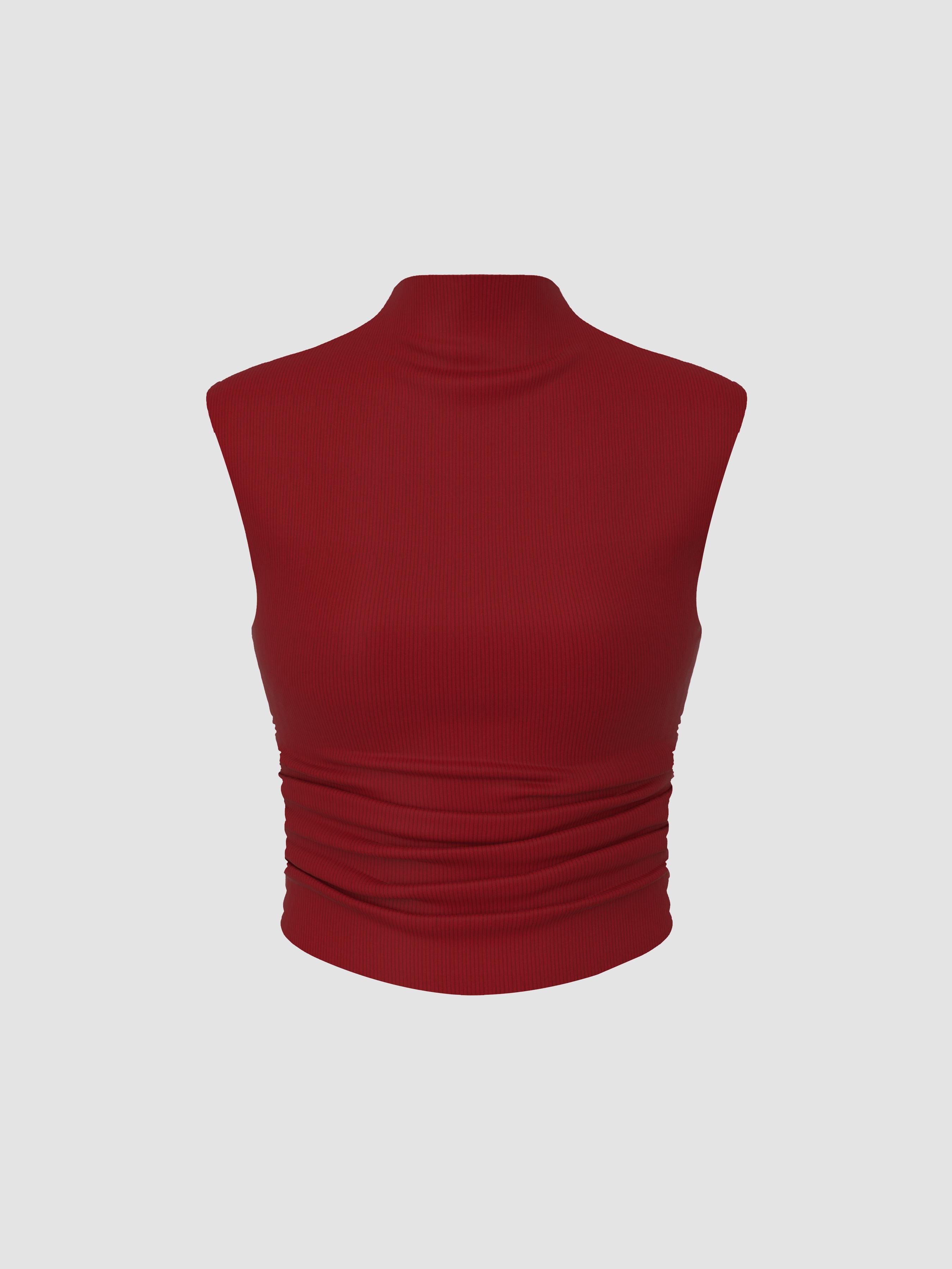 Solid High Neck Sleeveless Ruched Tank Top Product Image