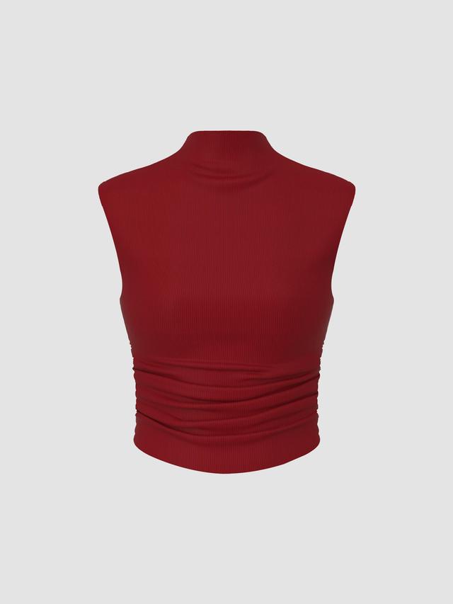 Solid High Neck Sleeveless Ruched Tank Top Product Image