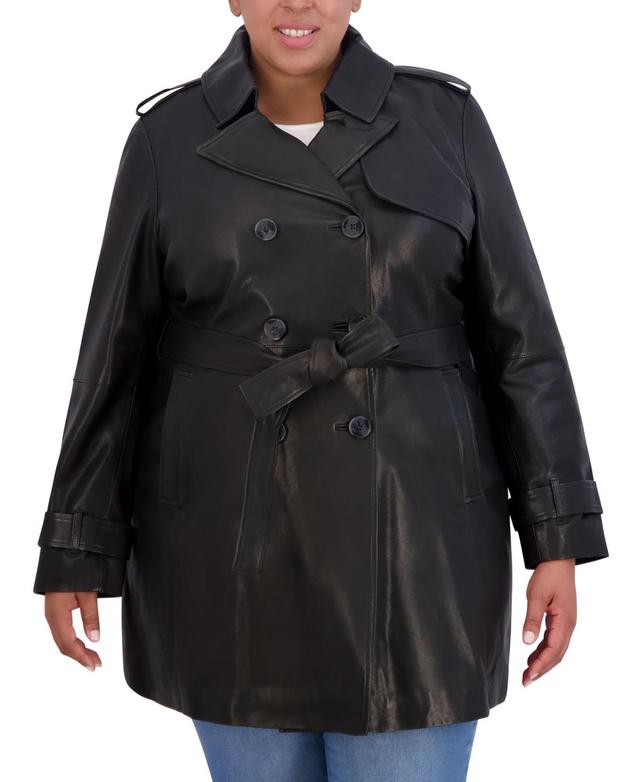 Tahari Womens Plus Size Natalie Belted Leather Trench Coat Product Image