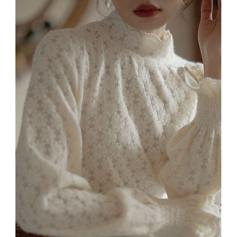 Long-Sleeve Mock Neck Floral Lace Blouse Product Image