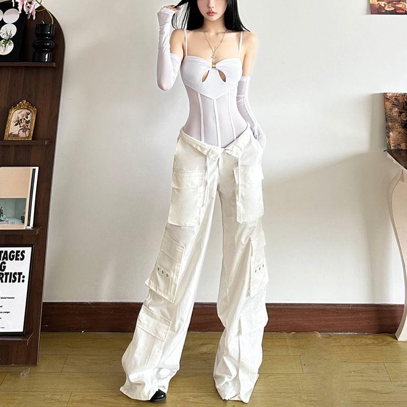 Spaghetti Strap Plain Cutout Panel Bodysuit Top Product Image