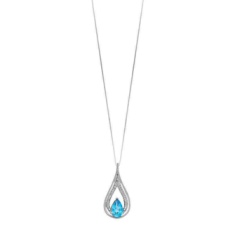 Gemminded 10k White Gold 1/8 Carat T.W. Diamond & Blue Topaz Teardrop Pendant, Womens Product Image