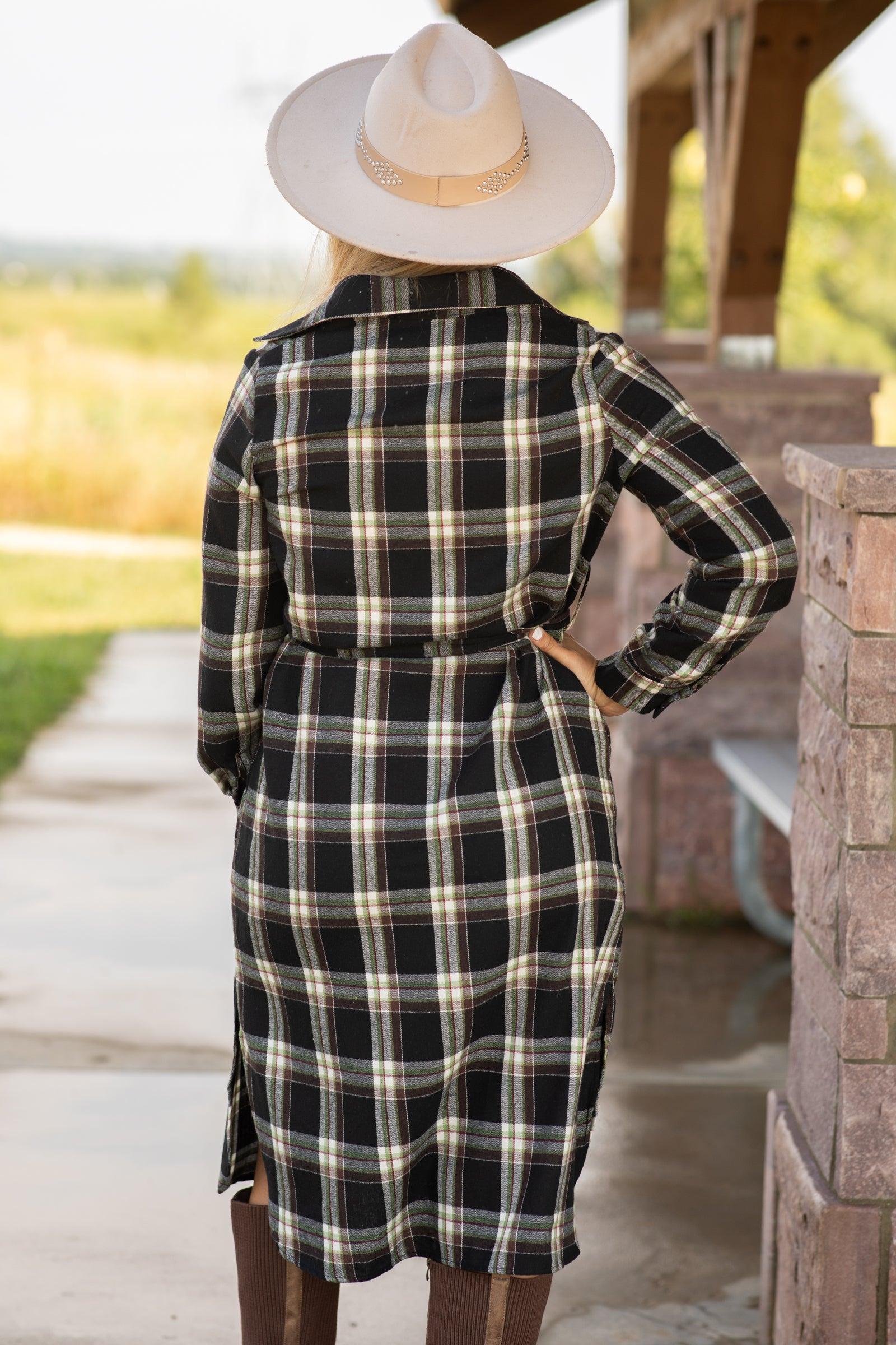 Black and Cream Plaid Self Tie Shirt Dress Product Image