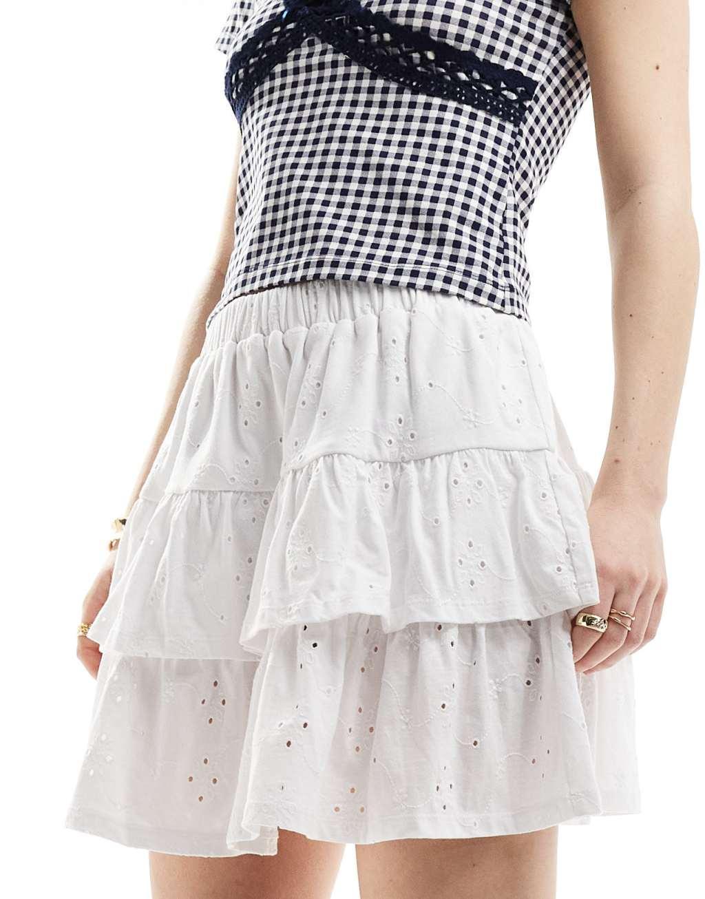 ASOS DESIGN tiered broderie skirt in white Product Image