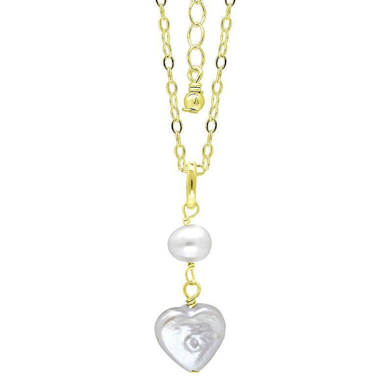 Aleure Precioso 18k Gold Over Silver Double Freshwater Cultured Pearl Heart Drop Pendant Necklace, Womens White Product Image