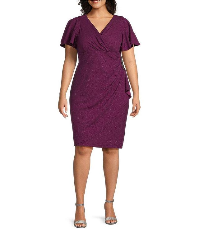 Ignite Evenings Plus Size Short Sleeve Surplice V-Neck Sheath Dress Product Image