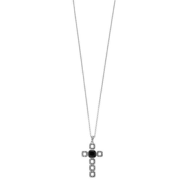 Lavish by TJM Sterling Silver Black Onyx & Marcasite Cross Pendant Necklace, Womens Product Image