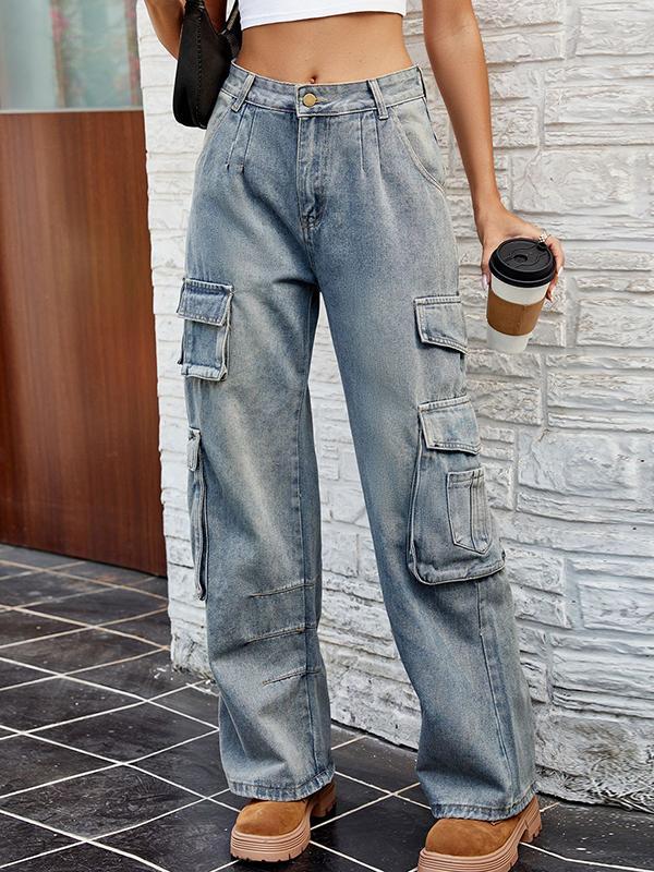 Loose Pleated Pockets Split-Joint Jean Pants Bottoms Product Image