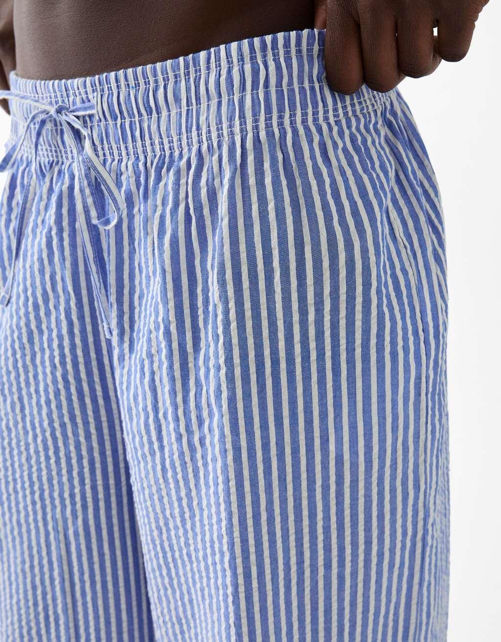 Bershka deep waistband wide leg pants in blue stripe Product Image