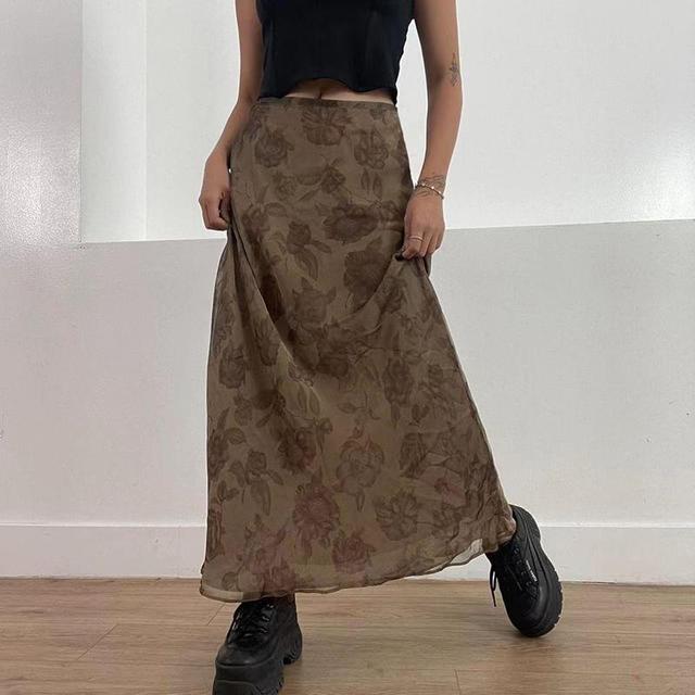 High Waist Floral Mesh Maxi A-Line Skirt Product Image