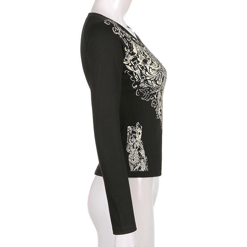 Printed Round Neck Long Sleeve Skinny Top Product Image