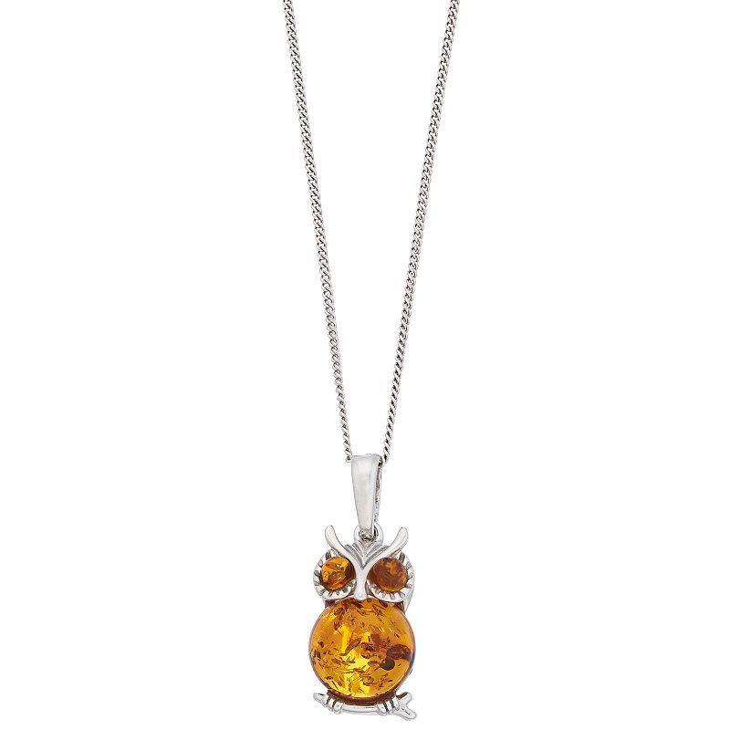 Sterling Silver Baltic Amber Owl Pendant Necklace, Womens Product Image