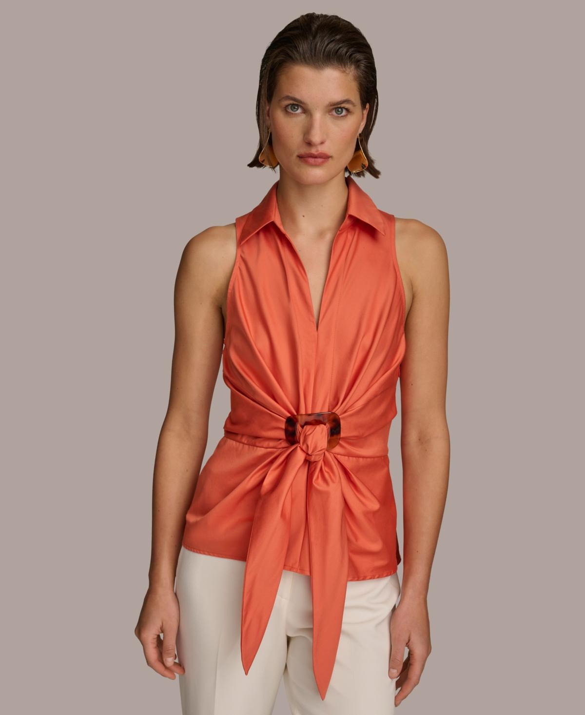 Donna Karan Womens Sleeveless Tie-Front Collared Shirt Product Image