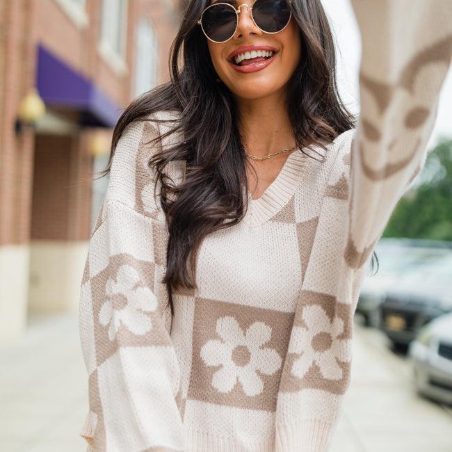 Found A New Way Mocha V-Neck Checkered Flower Sweater Product Image