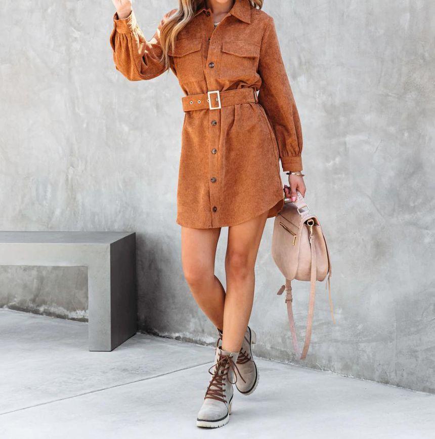 Long-Sleeve Plain Belted Corduroy Mini Shirt Dress Product Image