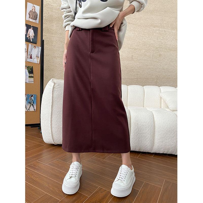 High Rise Plain Slit Midi A-Line Skirt Product Image