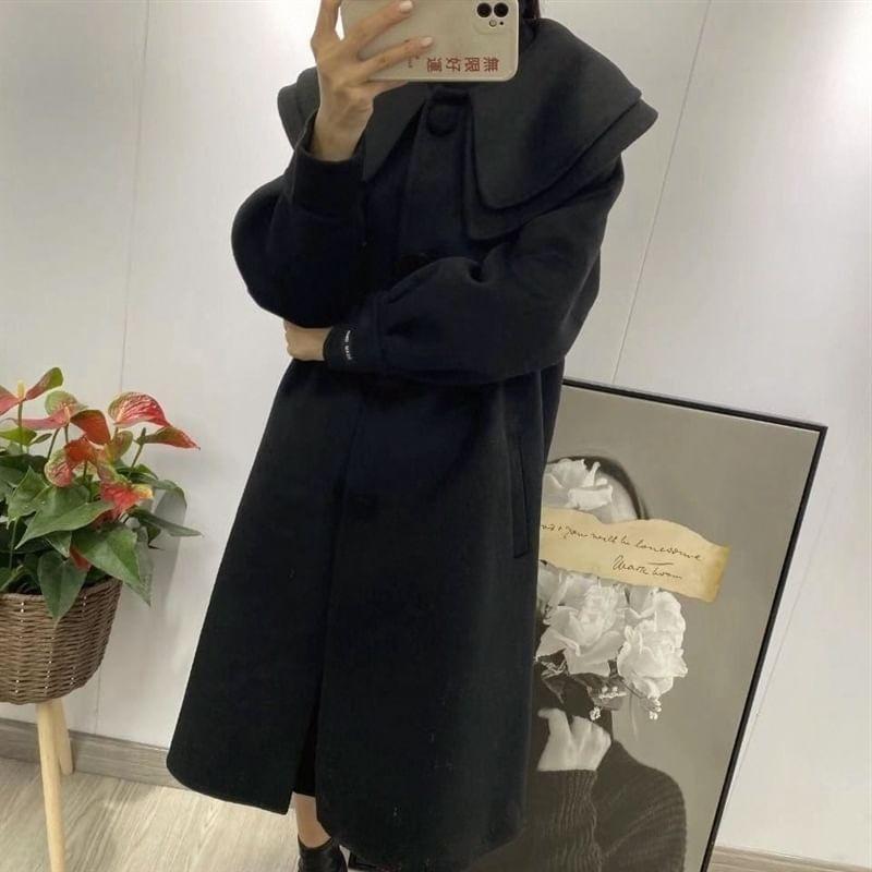 Layered Collar Plain Button Coat Product Image