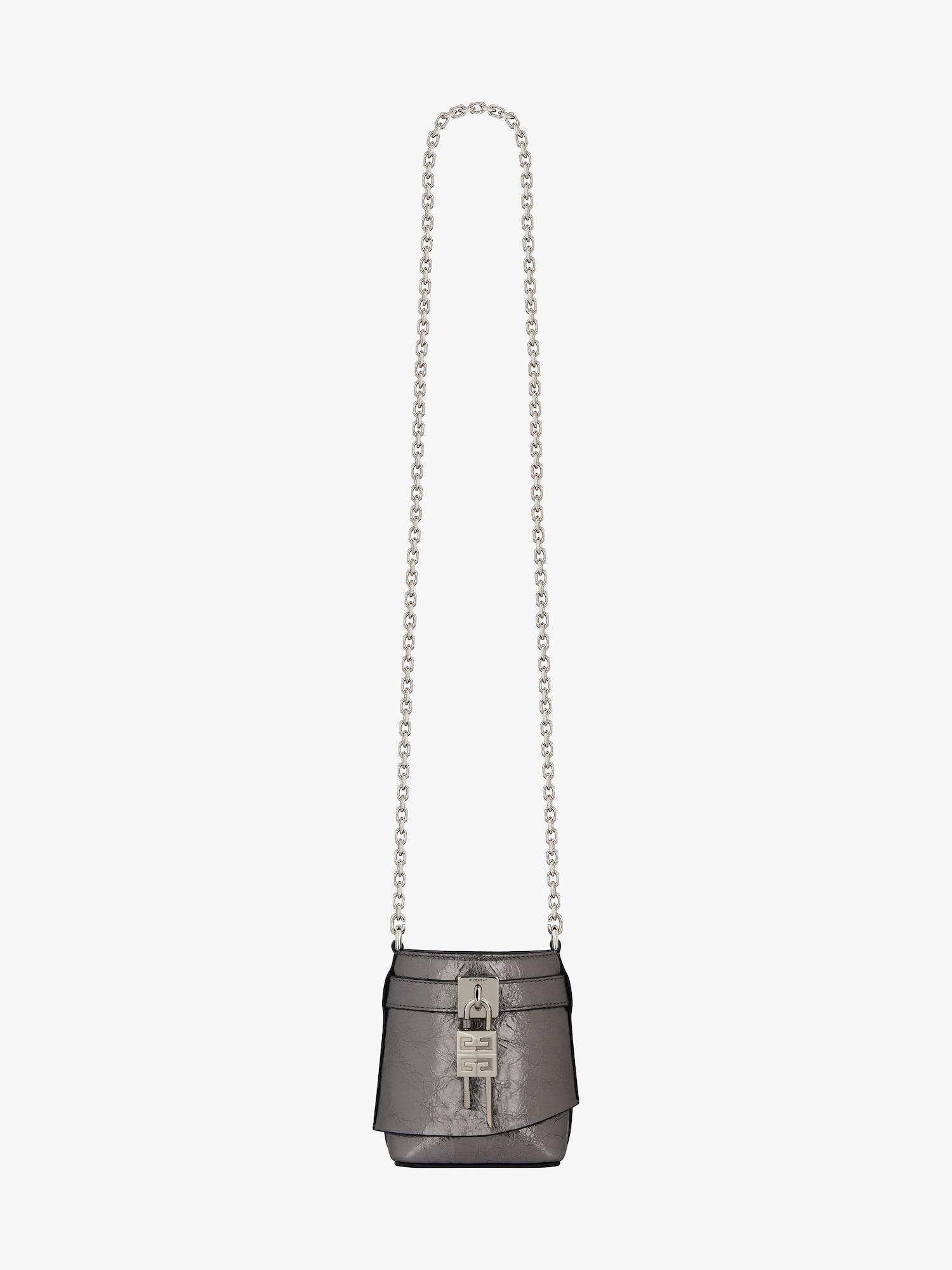 Micro Shark Lock bucket bag in laminated leather Product Image