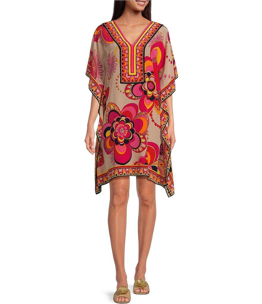 Trina Turk Theodora Silk Placed Print V-Neck Side Slit Short Dolman Sleeve Caftan Dress Product Image