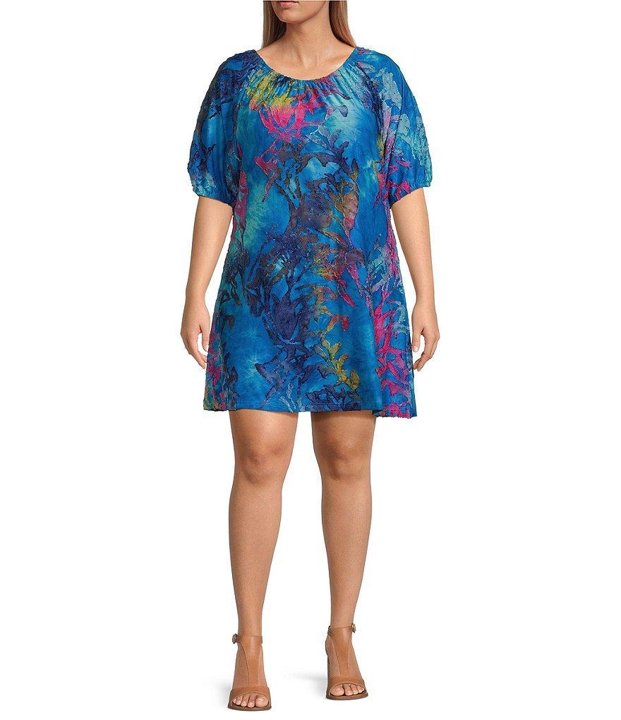 Calessa Plus Size Burnout Tie Dyed Print Scoop Neck Short Sleeve Shift Dress Product Image