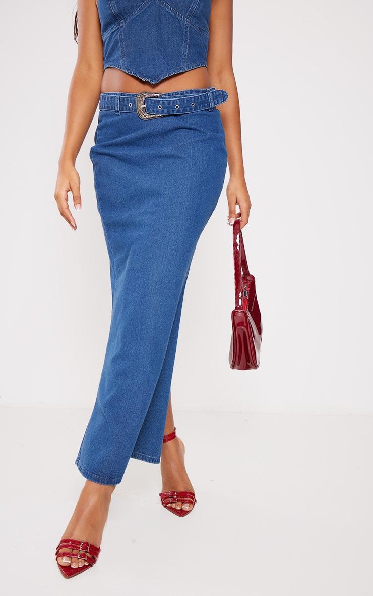 Indigo Buckle Detail Denim Maxi Skirt Product Image