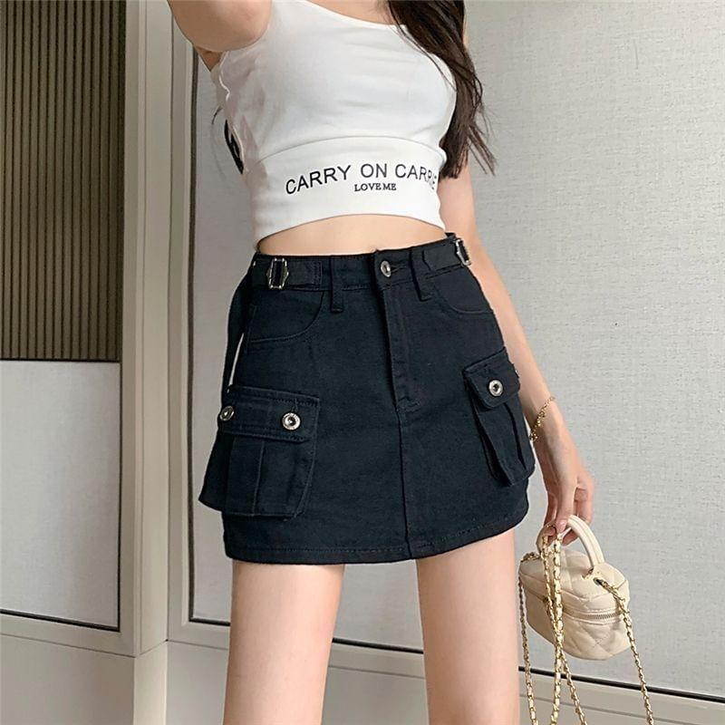 Low Rise Plain Denim Mini Skirt Product Image