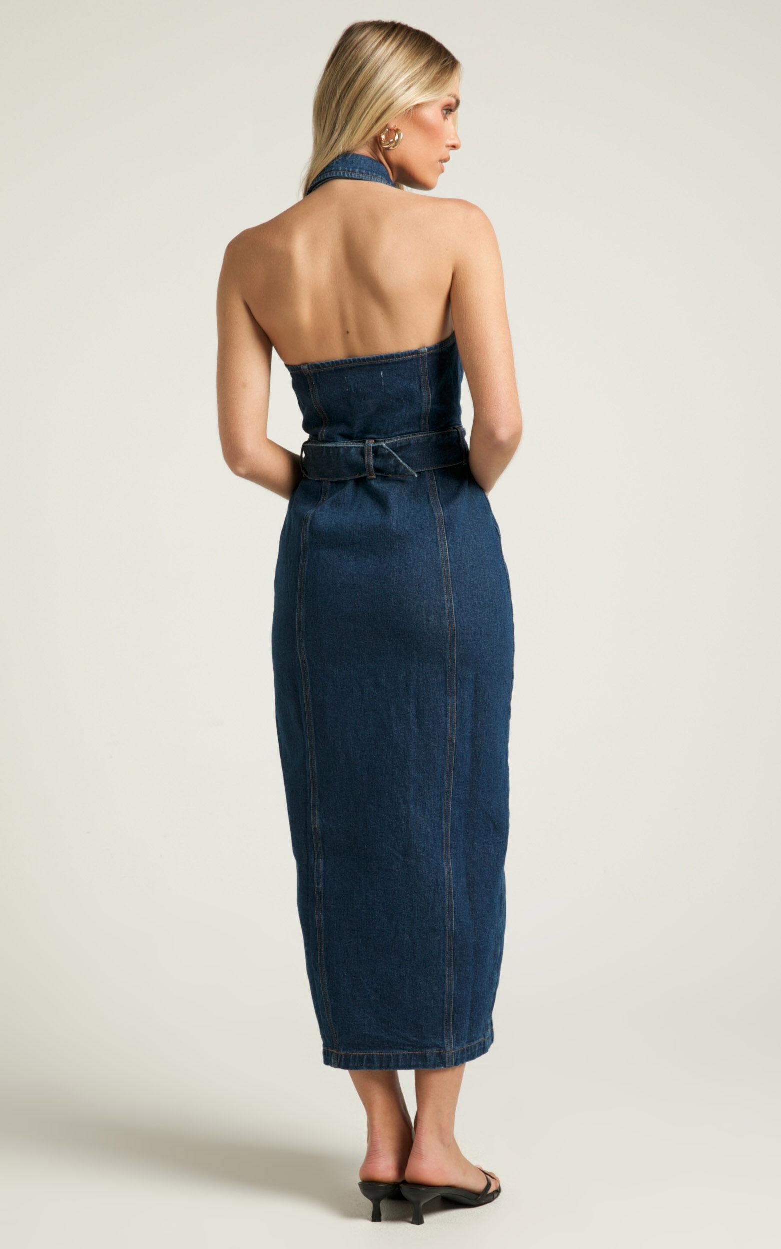 Dubai Denim Midi Dress - Sleeveless Collared Halter Neck in Dark Wash Product Image