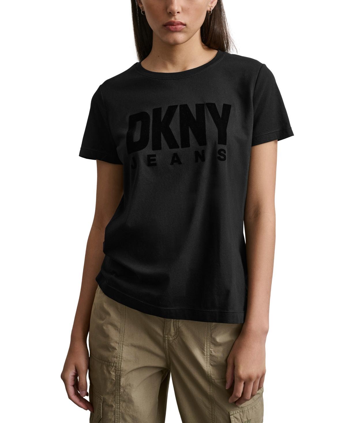 Dkny Jeans Womens Flocked-Logo Short-Sleeve Crewneck T-Shirt - Ghs - Wht Product Image