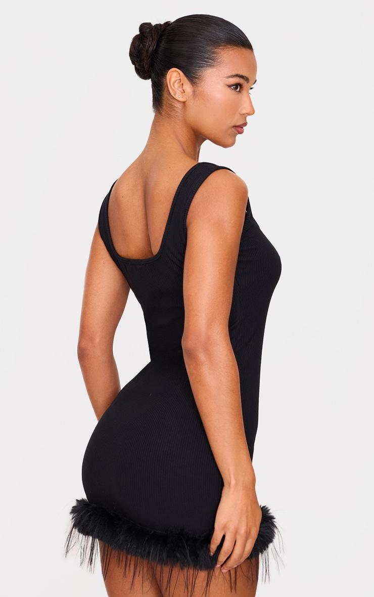 Black Ribbed Feather Hem Bodycon Dress Product Image