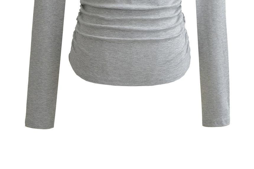 Long Sleeve Boat Neck Plain Ruched T-Shirt Product Image