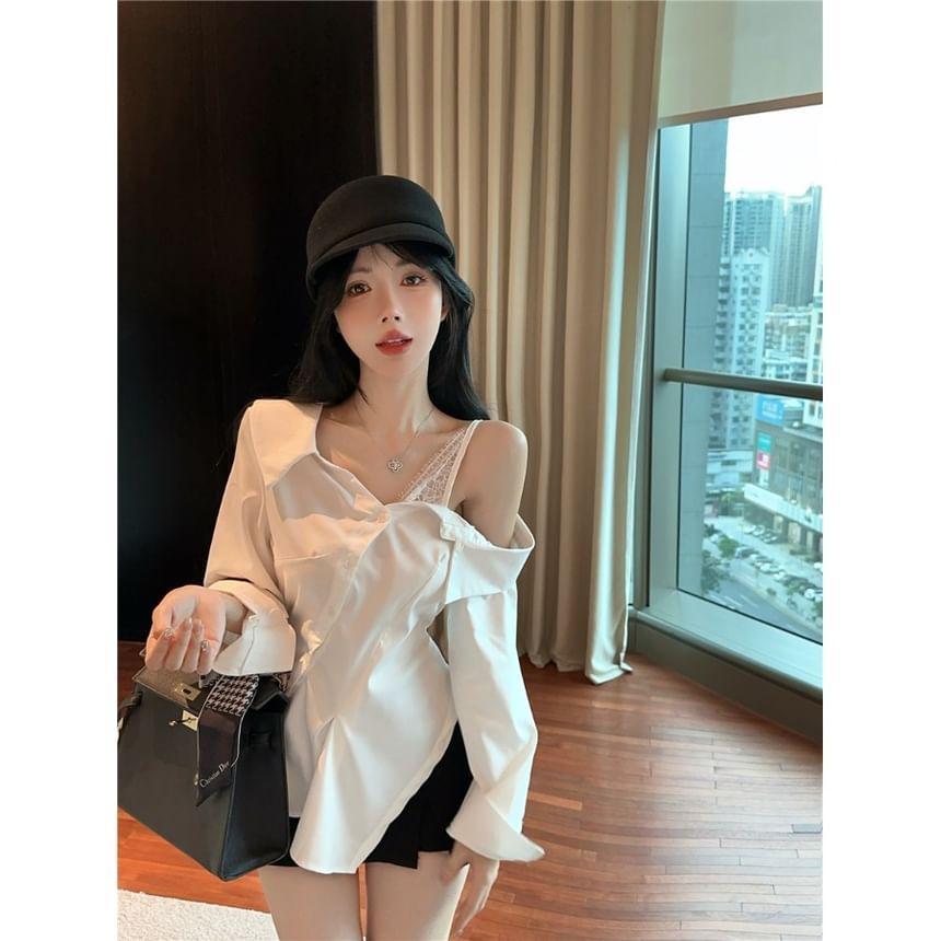 Cold Shoulder Long Sleeve Lace Trim Ruffle Hem Shirt Product Image