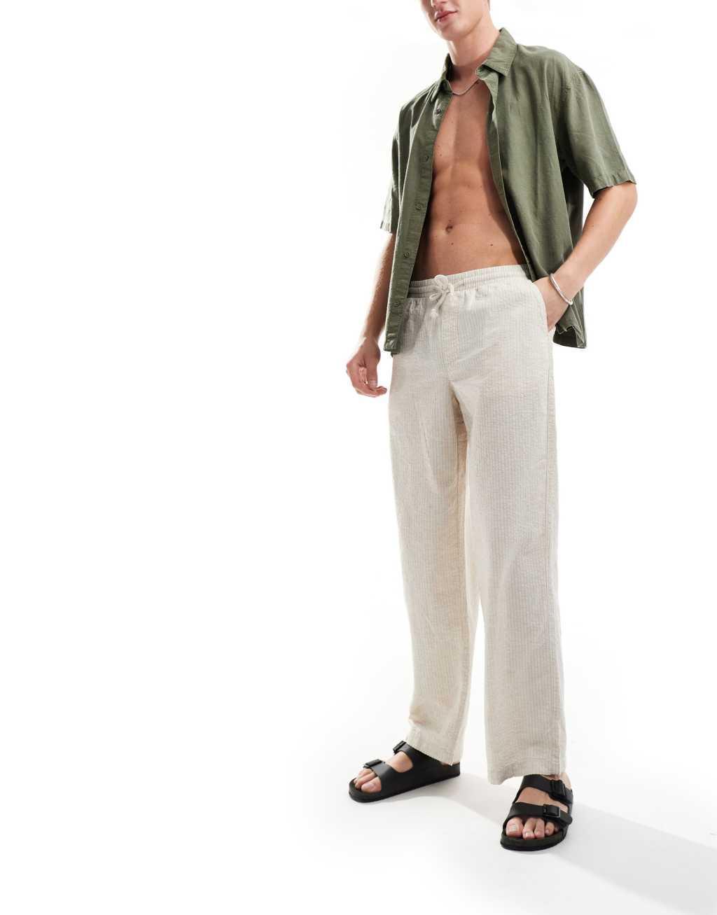 ASOS DESIGN wide pants in white linen mix seersucker stripe Product Image