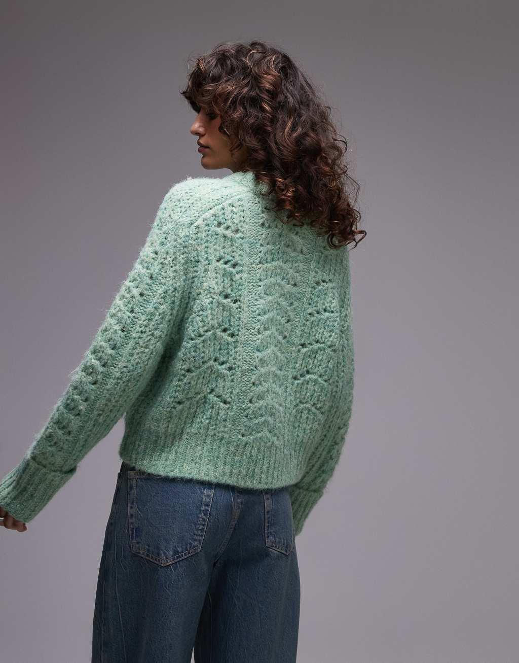 Topshop stitchy knit crew neck relaxed sweater in green Product Image