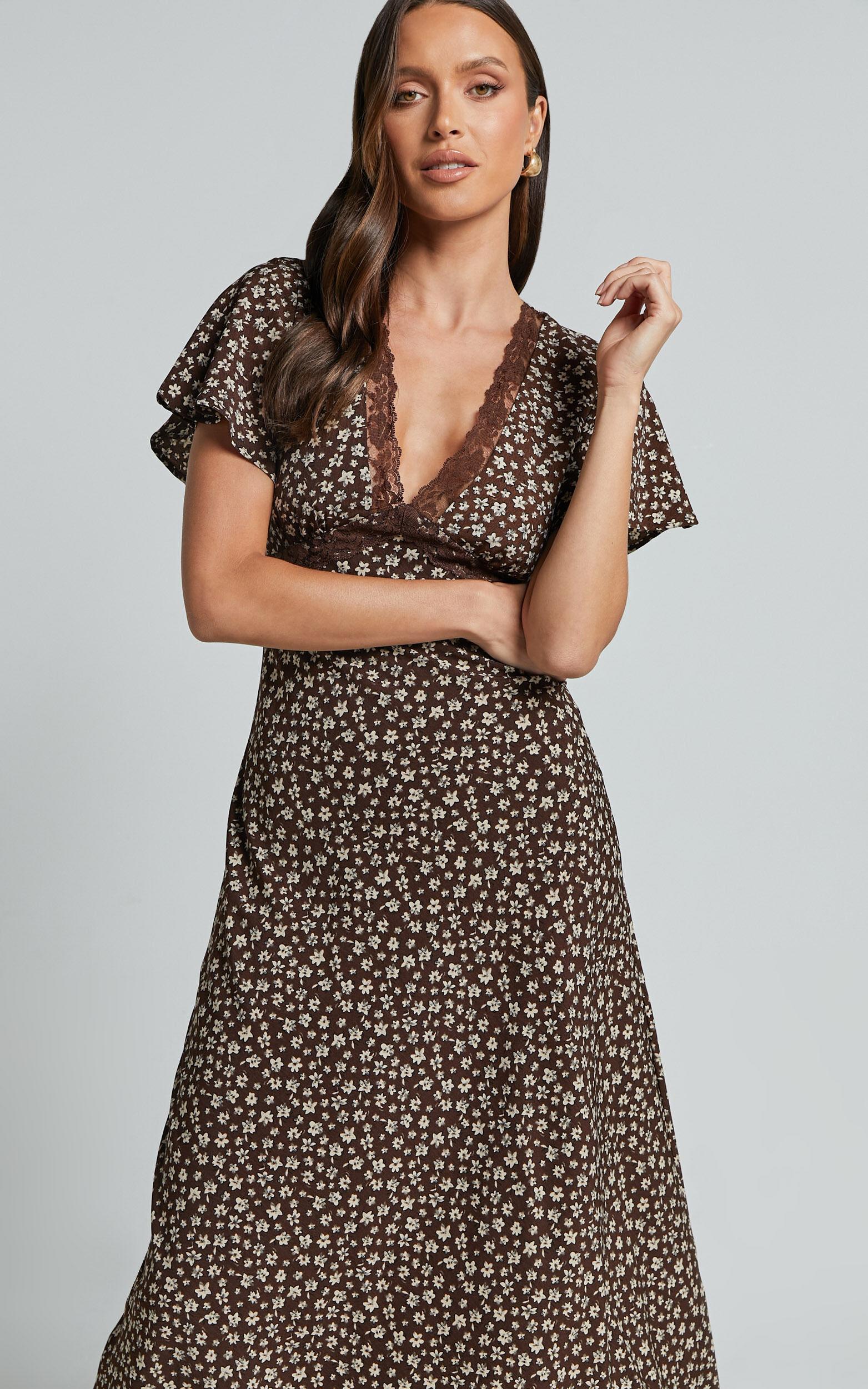 Vanya Midi Dress - V Neck Short Sleeve Lace Trim Tie Back Slip Dress in Chocolate Floral Product Image