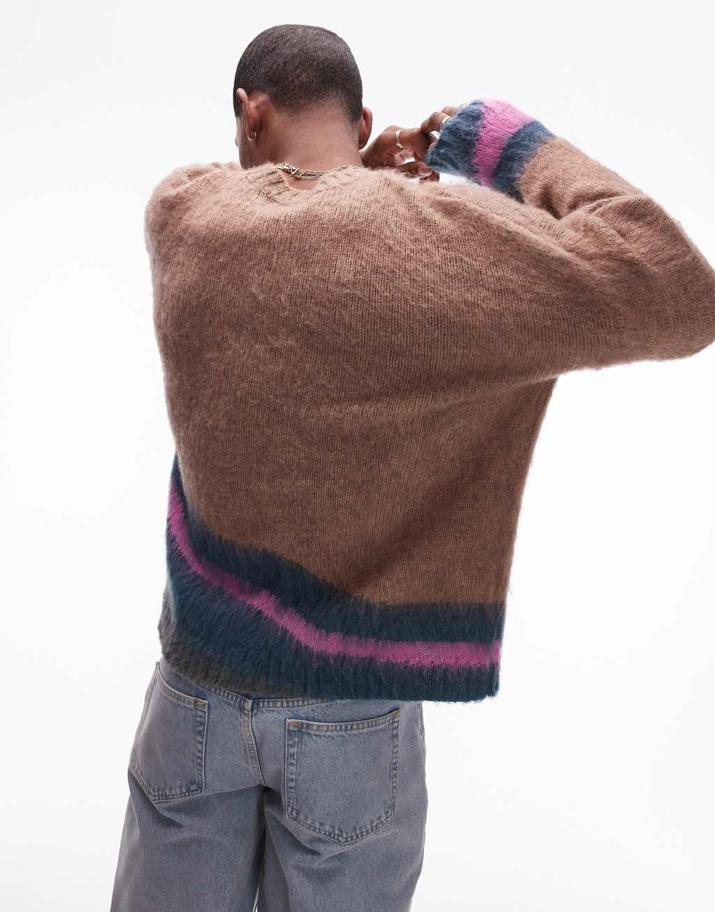 Topman fluffy abstract crew neck sweater in brown Product Image