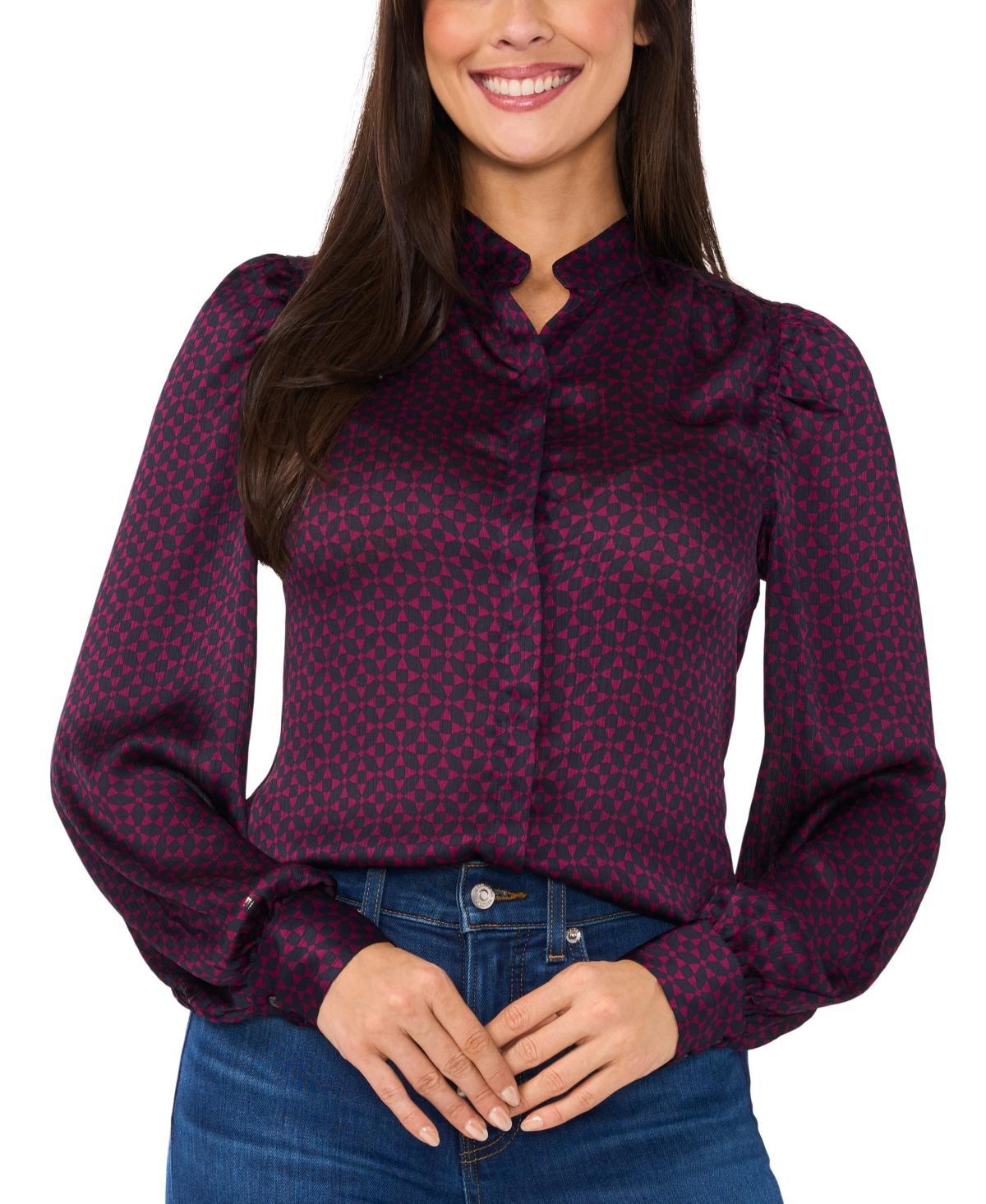 CeCe Womens Geo-Print Open-Collar Hidden-Placket Blouse Product Image