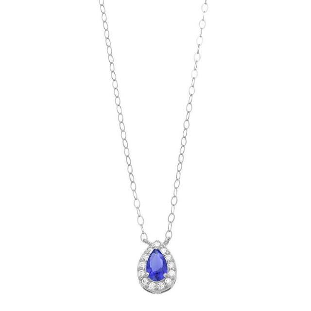 Aleure Precioso Sterling Silver Lab-Created Gemstone & Cubic Zirconia Teardrop Halo Necklace, Womens Blue Product Image