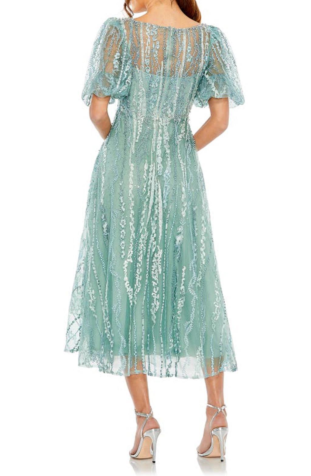 Embellished Puff Sleeve Midi Cocktail Dress In Seafoam Product Image