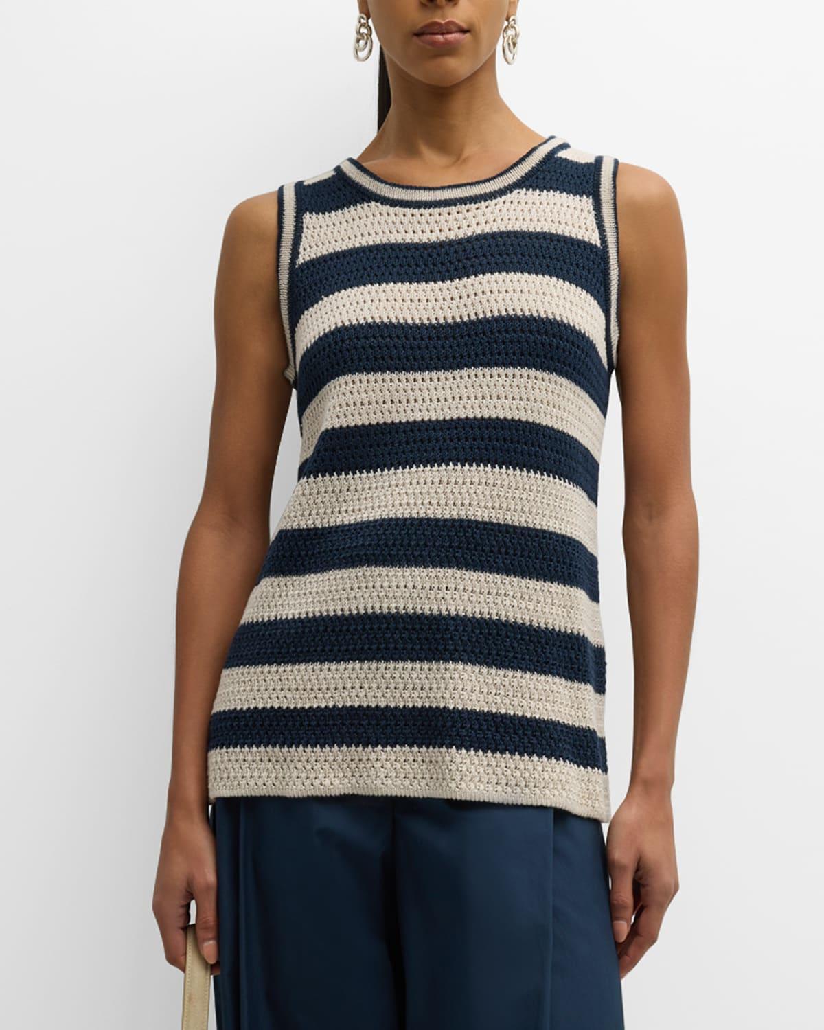 Avio Striped Linen Crochet Knit Tank Top Product Image